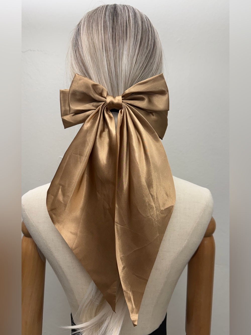 New Oversized Gold Satin Bow Hair Barrette Long Tail Statement Clip
